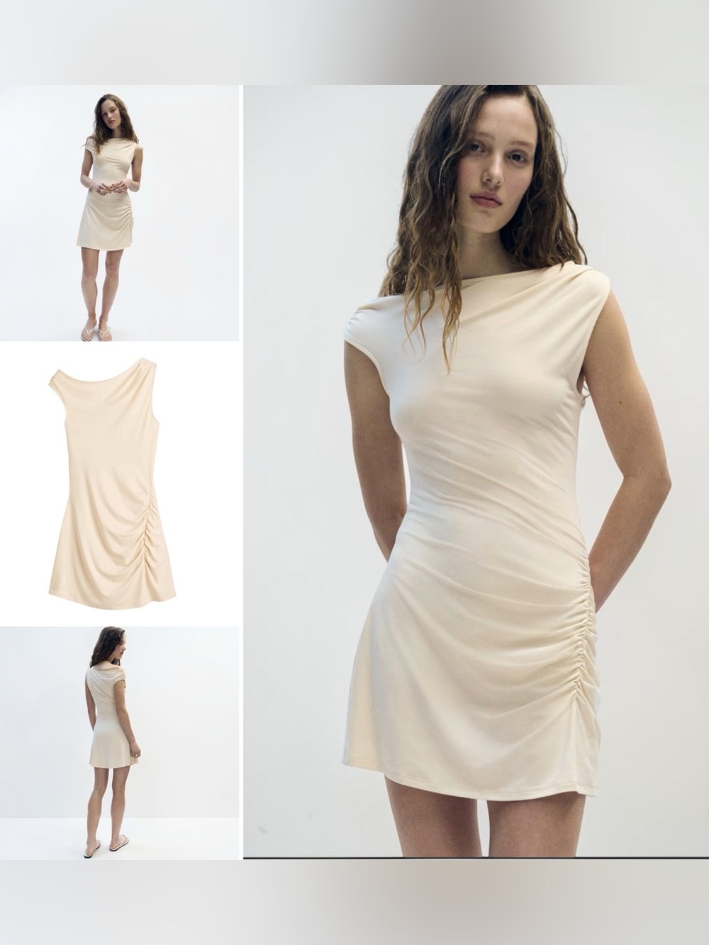 NWT H&M Mini Dress Light Beige Gathered One Shoulder Gently Draped Dress Women M